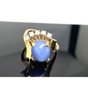 Blue Gemstone Diamond Vintage Cocktail Women's Ring 14k Yellow Gold Size 4.5